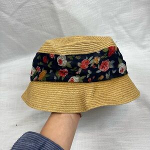 Straw Bucket Hat with Floral Scarf